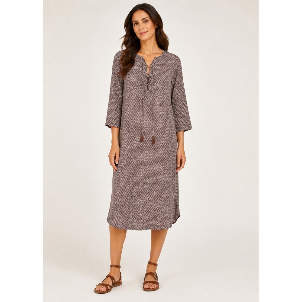 Faithfull the Brand HiLow Dress Womens XS Tan Hand-Made 3/4 Sleeve Tie Front NEW